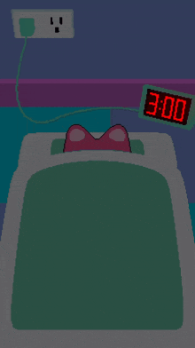 a pink cartoon character is laying in a bed with a clock that says 3:00 on it