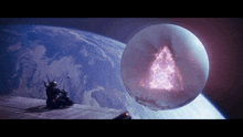 a giant sphere with a triangle in the middle is floating in space