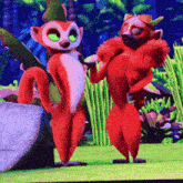 two cartoon animals standing next to each other in a field