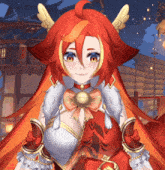 a girl with red hair and wings is smiling