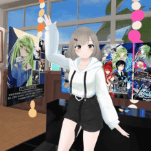 a girl in a white hoodie stands in front of a display of posters including one that says " the third strike "