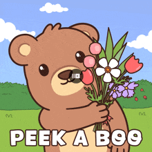 a cartoon of a teddy bear holding a bouquet of flowers with the words peek a boo below it