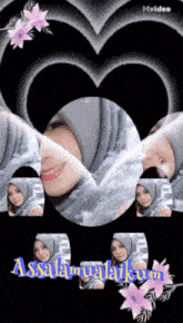 a woman in a hijab is surrounded by flowers and a heart