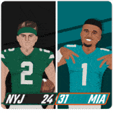 a drawing of two football players with nyj 24 and mia 31 on the bottom