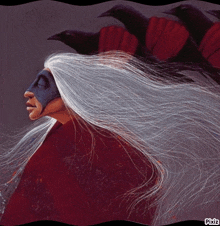 a painting of a native american with long white hair and birds behind him