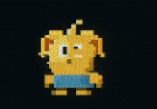 a pixel art drawing of a cartoon character with a blue shirt on
