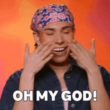 a man wearing a headband is making a funny face with the words oh my god written below him