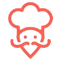 a red icon of a chef 's hat with a mustache on a white background