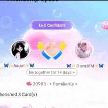 a screenshot of a game that says lv.5 confident be together for 14 days