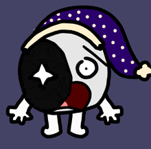a black and white cartoon character with a purple hat on