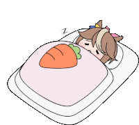a cartoon drawing of a horse sleeping in a bed with a carrot on the blanket .