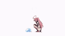 a girl with pink hair and blue eyes is holding a blue sphere on her head