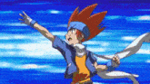a cartoon character is flying through the air with his arms outstretched in the air .