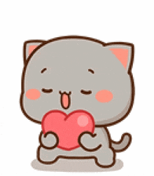 a cute cartoon cat is holding a red heart in its paws .