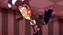 a cartoon character in a suit and tie is standing in a room with striped walls