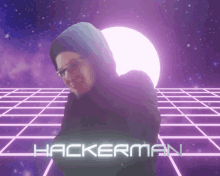 a man in a hooded jacket with the word hackerman on the bottom right