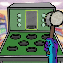 a cartoon of a hand holding a magnifying glass in front of a machine