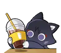 a black cat is holding a cup of coffee with a straw .
