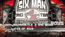 a six man tag team world championship belt is displayed on a screen