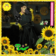 a woman in a black dress is surrounded by sunflowers and a bourbon sign