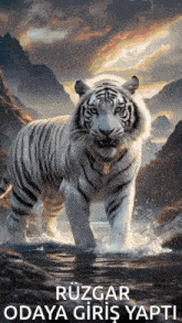 a white tiger is standing in the water with the words rüzgar odaya giriş yapti on the bottom