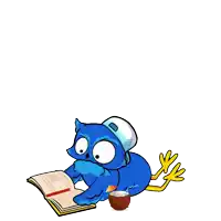 a blue cartoon owl is reading a book next to a coconut