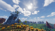 a minecraft scene with a windmill in the foreground and the sun shining through the clouds