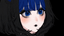 a close up of a girl with blue hair