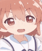 a close up of a cartoon girl 's face with a surprised expression .