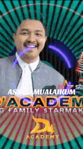 a man in a suit and tie is smiling in front of a colorful background that says academy
