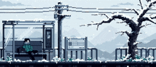 a pixel art drawing of a person sitting on a bench at a bus stop