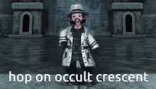a video game character with the words hop on occult crescent on the bottom