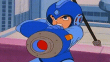 a cartoon character in a blue suit is holding a mop and a shield .