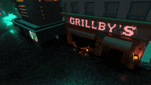 a neon sign for grillby 's is lit up