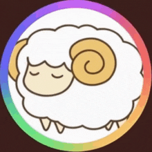a cartoon sheep with a swirl in its horn is sleeping in a rainbow colored circle .