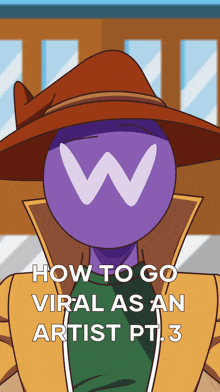 a cartoon of a man with a hat and a purple head with the letter w on it