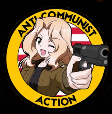 a sticker that says anti communist action with a girl holding a gun