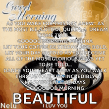 a good morning message with a picture of a cup of coffee on a plate