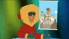a cartoon character is pointing at a drawing of a building