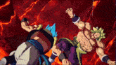broly and gogeta are fighting each other in a video game in a cartoon .