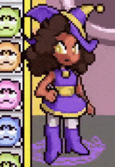 a pixel art of a witch wearing a purple dress and hat
