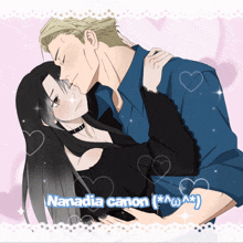 a drawing of a man and a woman with nanadia canon written in blue