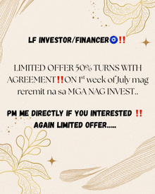 a poster that says limited offer 50 % turns with agreement on 1st week of july