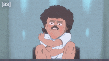 a cartoon of a shirtless man with a mustache and a white towel behind him with the letters as on the bottom