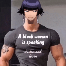 a black woman is speaking listen and learn written on a black shirt
