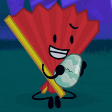 a cartoon character holding a red fan and a broken egg