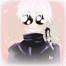 a drawing of a boy with white hair and a girl with a fairy behind him