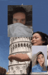 a man covering his face with a blanket and two women standing in front of a building