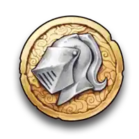 a knight 's helmet is on a gold shield