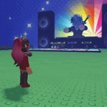 a girl in a video game is standing in front of a stage
